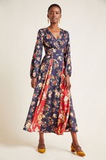 NWT Farm Rio Anthropologie Gracia Blue Red Floral Wrap Maxi Dress Size XS $250