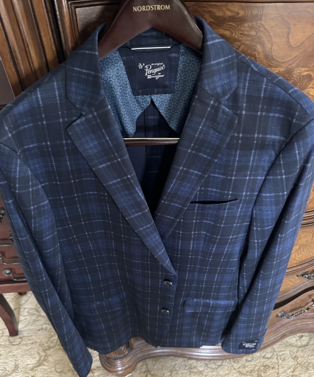 ORIGINAL PENGUIN “ORLAN” Soft Navy Plaid Jacket Size 44 Long