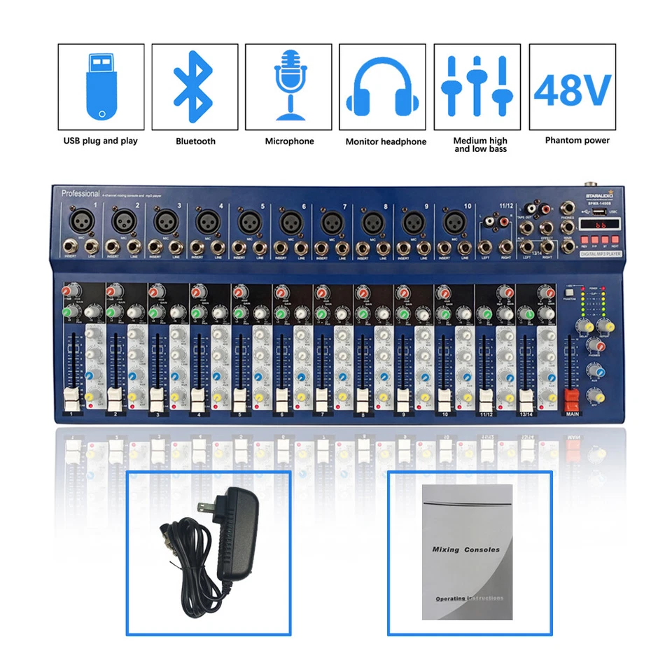  14CH Audio Live Sound Mixer Bluetooth Stage Mixing Console Home Recording Mixer - Image 3 of 4