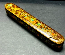 💕Antique Handmade Persian Qajar Period Enameled Floral Paper Mache Pen Box 9"