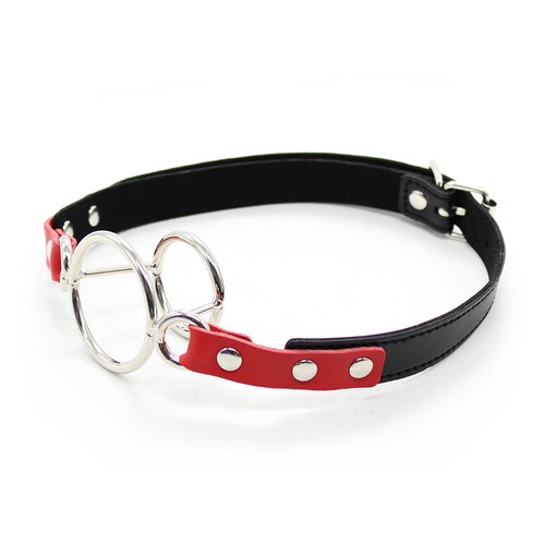 PU Leather O Ring Bondage Mouth Gag Double O Ring Open Ring Gag Black/red - Picture 2 of 3