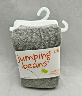 2 Pairs JUMPING BEANS Gray, White HEAVYWIEGHT TIGHTS Sz 3-12 Mos. 3 / 6 / 12 Mos