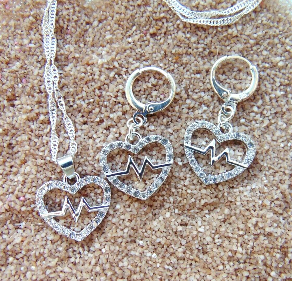 925 Silber Schmuck Set Herz Schlag Rhythmus Zirkon  Kette Anhänger Creolen - Bild 4 von 4