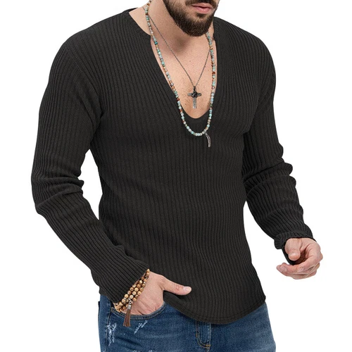 Men Long Sleeve V Neck Top Ribbed Knit T-Shirt Casual Slim Muscle Tee Blouse UK - Picture 9 of 42