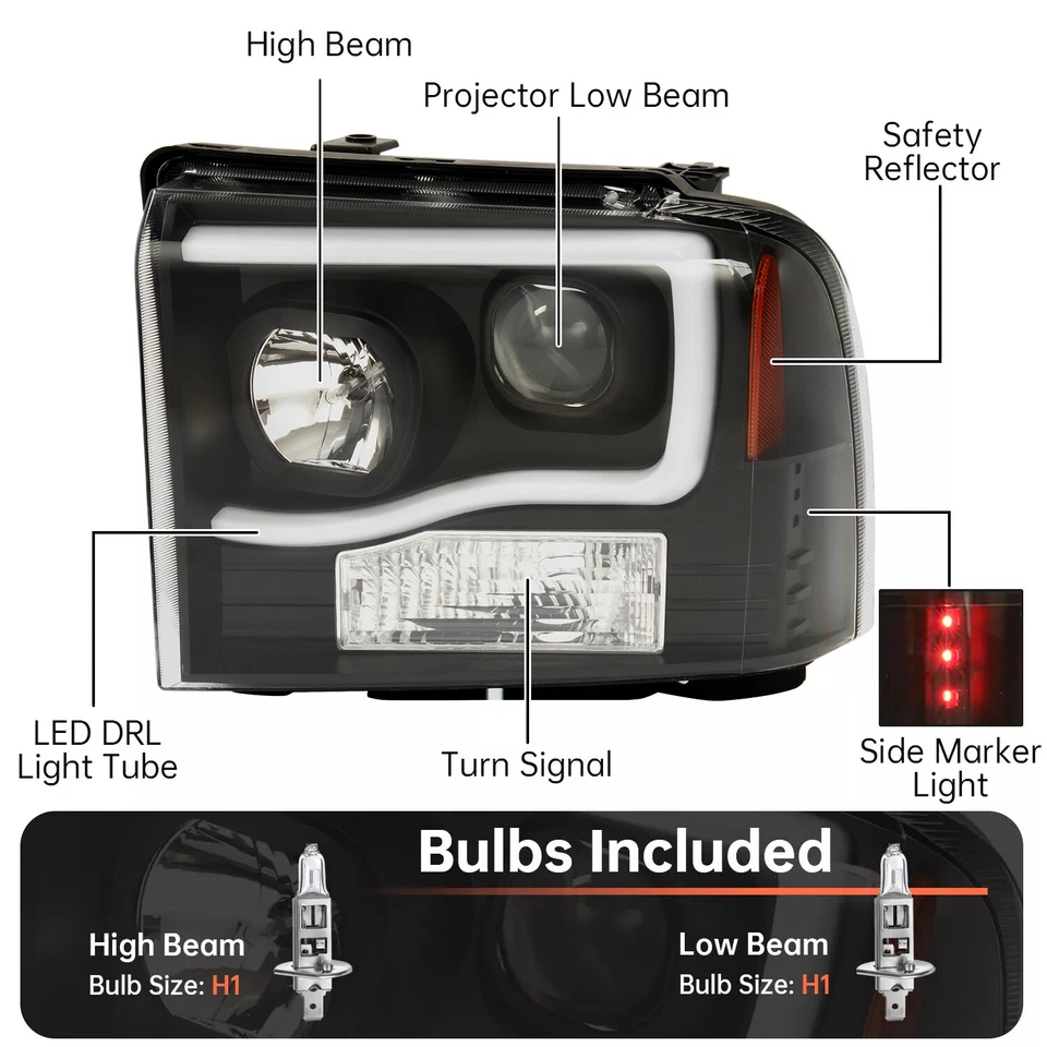 Fit For 05-07 Ford F250 F350 F450 F550 Super Duty LED DRL Projector Headlights - Image 2 of 4