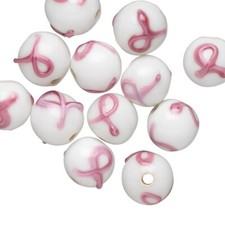 Bead, 12 Pink Ribbon Breast Cancer Awareness 10mm Round Glass w/1.5-2mm Hole