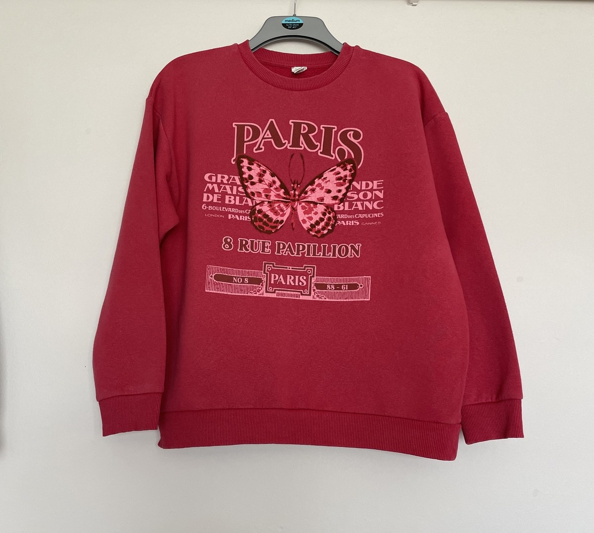 River Island Red Sweatshirt Size XS UK 8-10 Paris Butterfly Oversized  Jumper | eBay UK