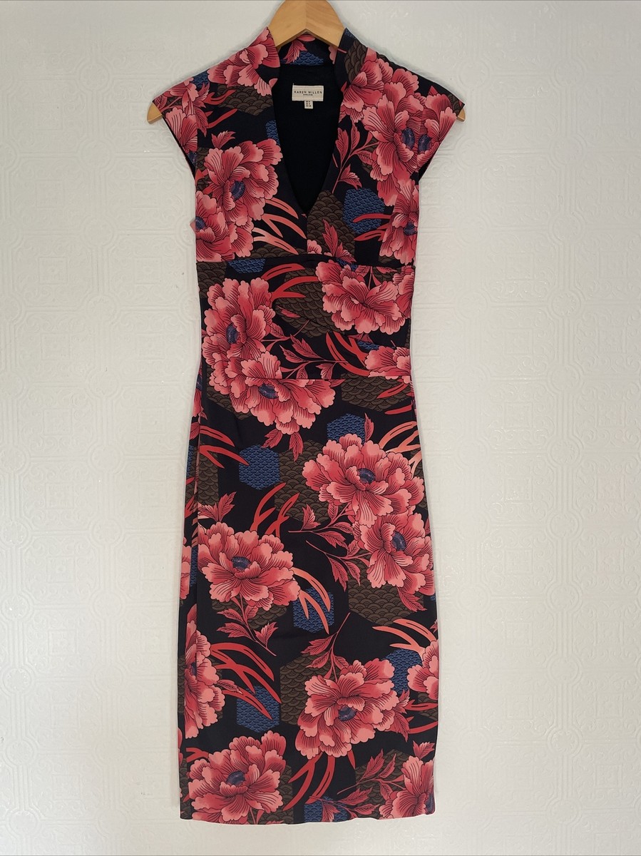 14 UK KAREN MILLEN Vintage Black Red Satin Oriental Floral Cocktail Pencil  Dress