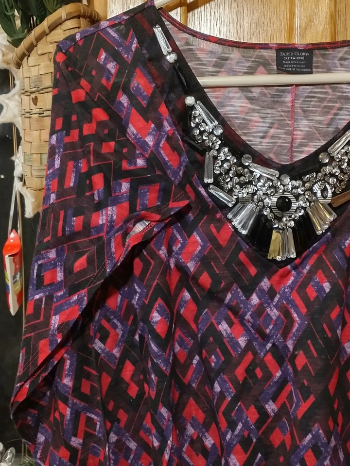 Preciosa túnica top cosida gemas para mujer 2XL con estampado colorido cuello en V deslumbrante Foto 3 de 3