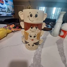 JAPANESE Stacking soup Mugs Set with Faces Kitchen Decor Ceramic Cups Collection
