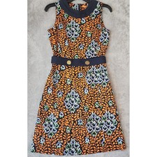 Tory Burch Dress Womens Size 2 Orange Navy Linen Floral Shift Logo Buttons