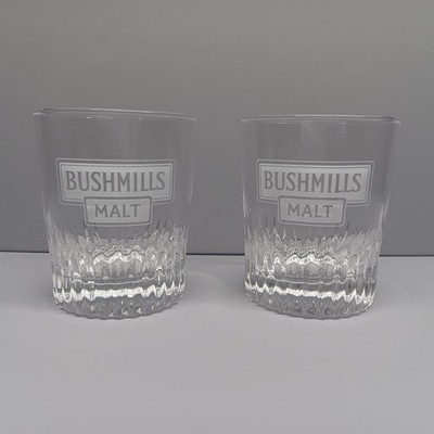 2 Bushmills Malt Whiskey Drinking Short Tumbler Glasses - Etched - 8 oz ~ 3.75''