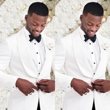 Wedding Formal Men's Suit Groom 2Pcs White Tuxedo Jacket Black Pants Shawl Lapel