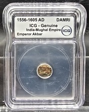 Ancient 1556–1605 AD Mughal Empire Damri ICG Genuine India Emperor Akbar Coin