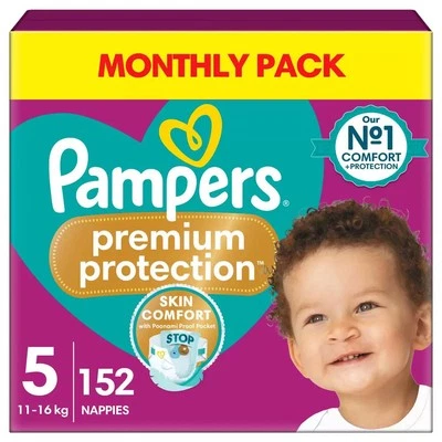 Pampers Baby Size5 Nappy 11-16Kg Premium Protection Soft Monthly Pack 152Nappies