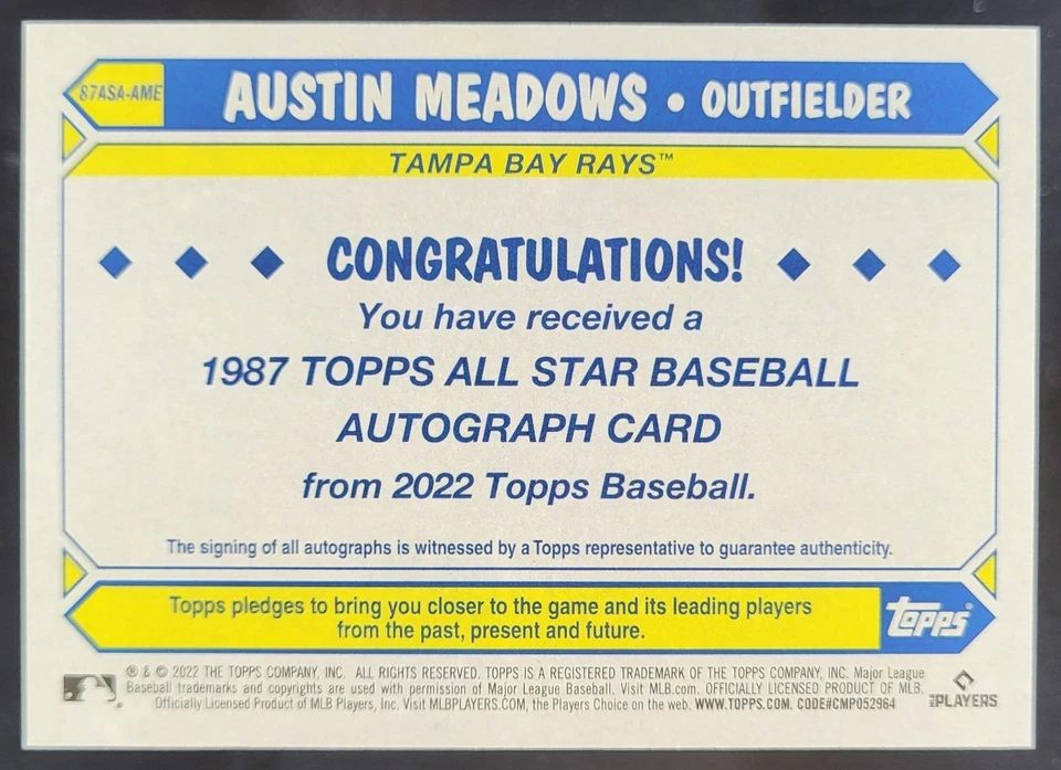 2022 Topps Update Austin Meadows 1987 Baseball Auto Rays CG4 - Image 2 of 4