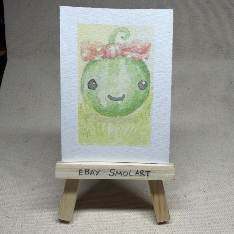 ACEO Original Little Melonie - Fruit Watercolor Trading Card - by Smolart