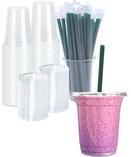 12 oz Clear Plastic Cups with Lids and STRAWS, Disposable Drinking Cups for C...