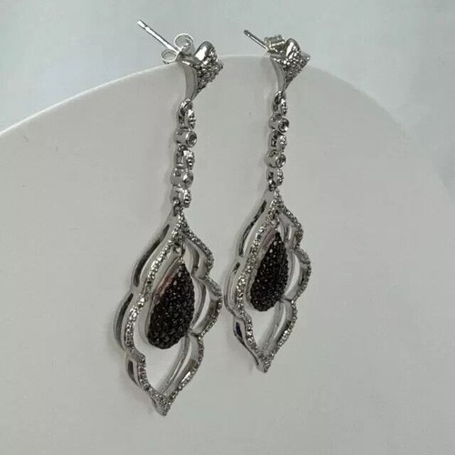 Round Cut Simulated Black Diamond Drop/Dangle Earrings In 14k White Gold Plated - Picture 2 of 8
