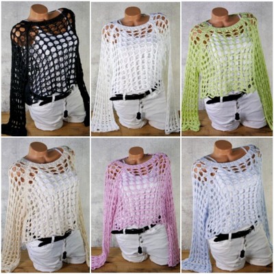 ♥ Loch Strick Häkel Bändchengarn Netz Tunika Pullover Lochmuster