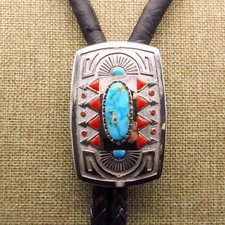 *Sterling Silver Turquoise And Coral Heavy Weight Bolo Tie With Coral Inlay Tips