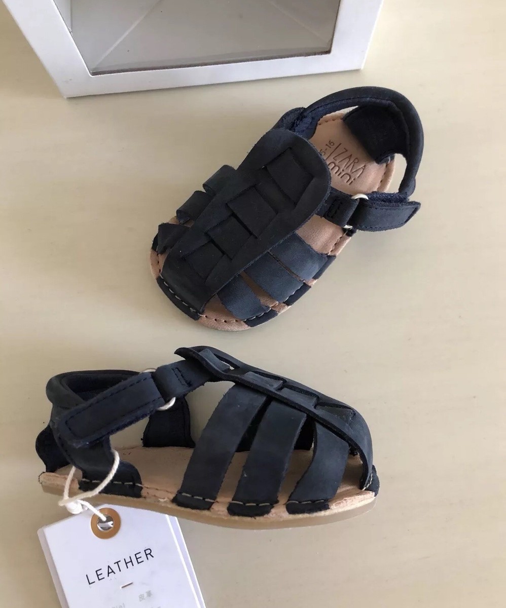 New Zara Mini Baby Crib 100% Genuine Leather Sandals Shoes Navy