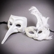Long Nose Venetian Couple White Feather Masquerade Masks Men & Women Prom Masks