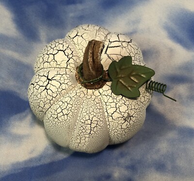 As Is Transpac Resin White Crackle Pumpkin Figurine Metal Leaf