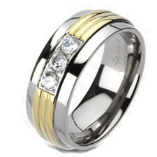 Solid Titanium IP Gold Grooved Center Triple CZ Wedding Rings Bands R101