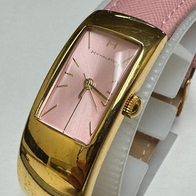 Halston Quartz Watch Women 30m Gold Tone Pink Leather Japan Movt New Battery