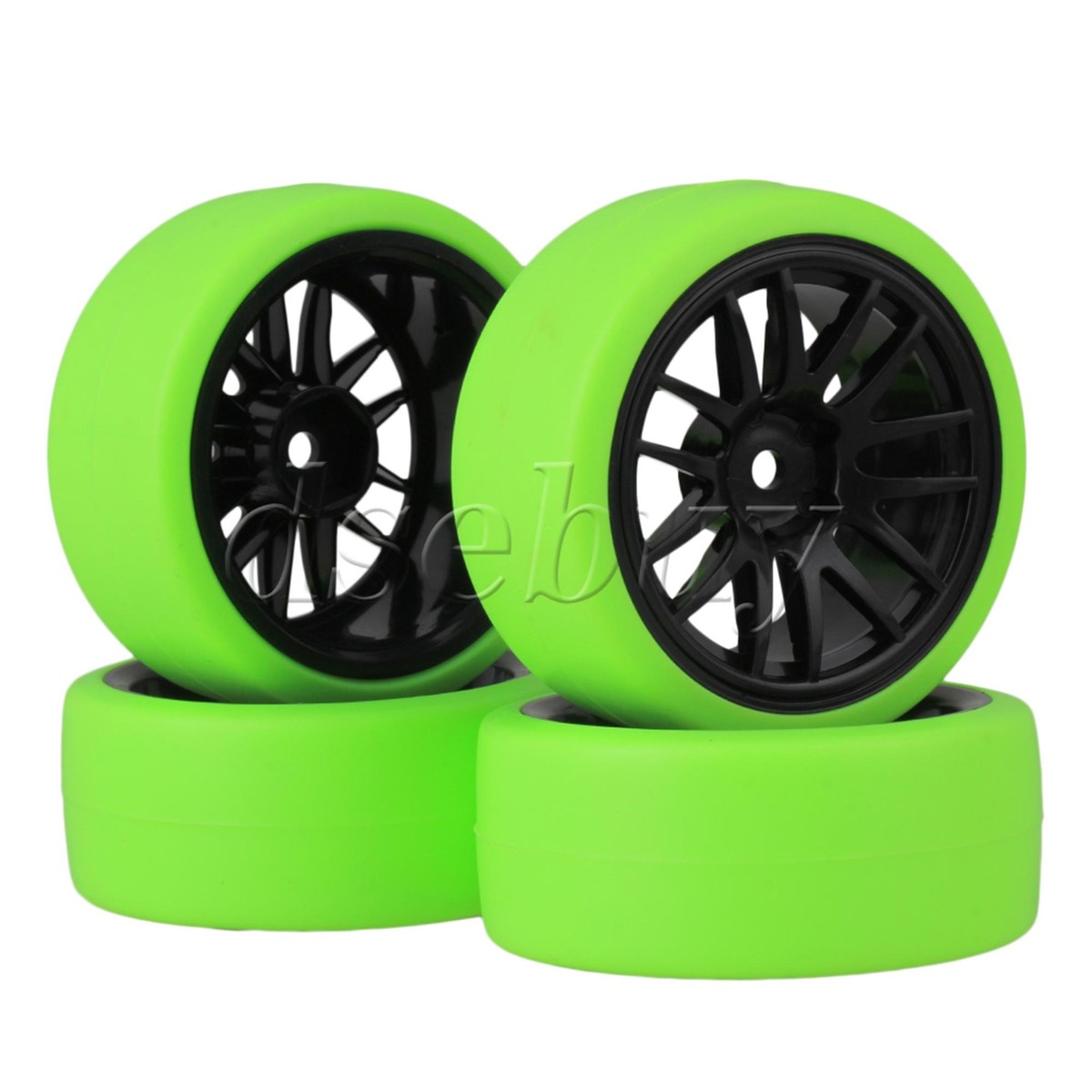 1/10 RC ホイール RC1:10 Plastic 14 Spoke Wheel Rims & Green Drift Smooth Tyres Pack