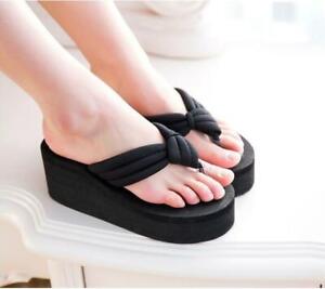 Summer Womens Beach Slippers Wedge High Heels Platform Thong Flip Flops Sandals