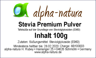 Stevia Premium Pulver -rein- 100g-60% Reb. A.-zertifizierte Qualität-100% rein