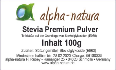 ALPHA-NATURA Stevia Premium Pulver -rein- 100g-60% Reb. A.-zertifizierte Qualität-100% rein