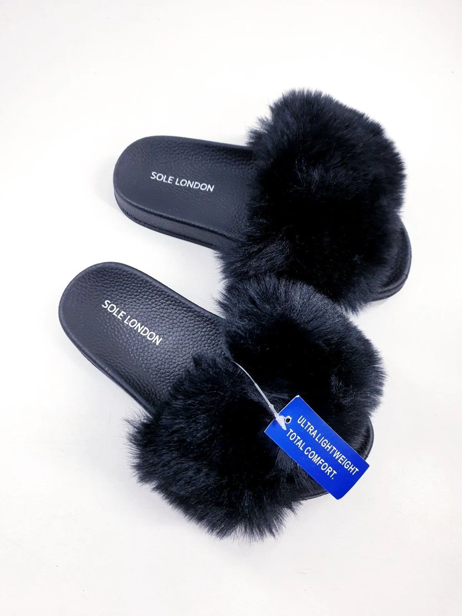 Sole London size 2 3 black faux fur slides flat slip on mule