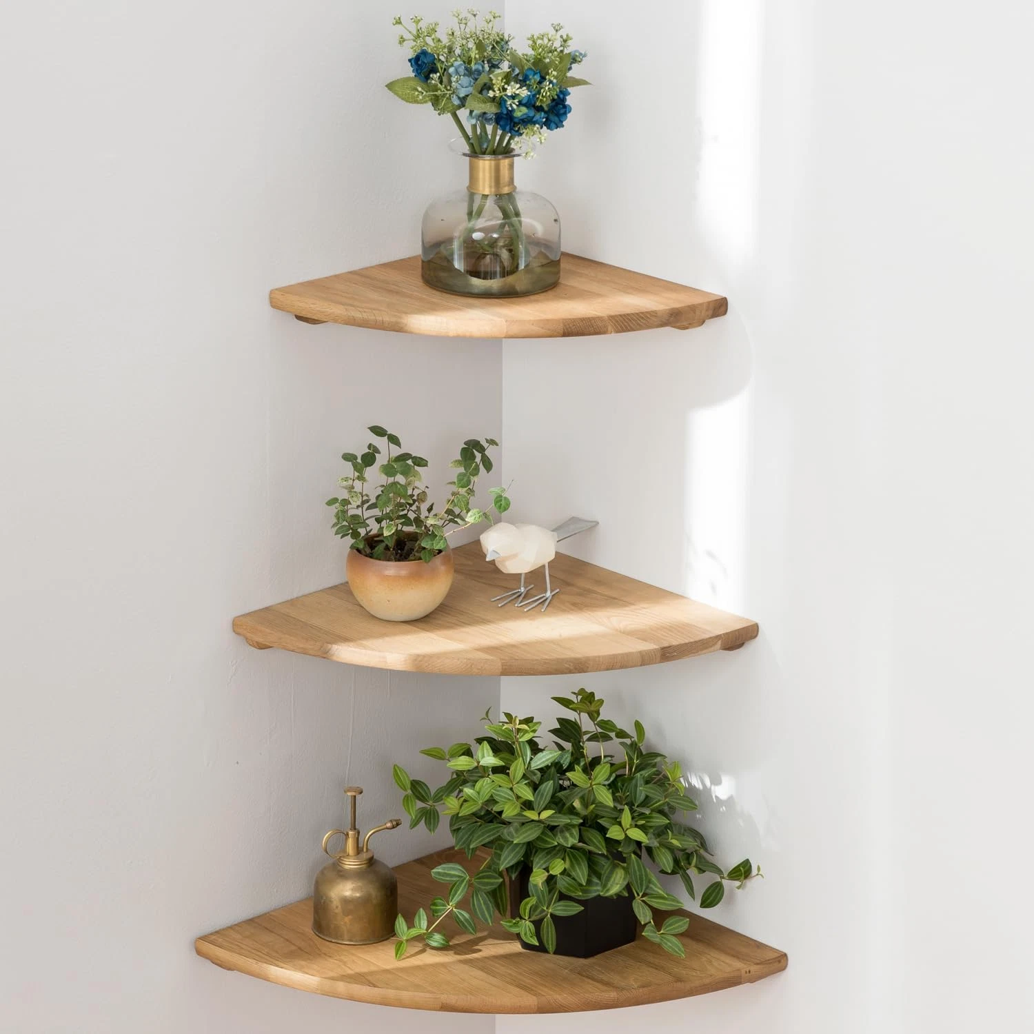Set of 3 Solid Oak Floating Corner Shelves for Plants - 9/10/12 Inch