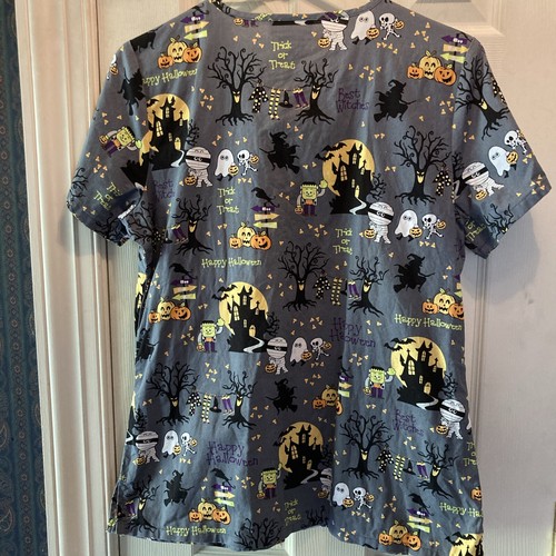 Cherokee Medical Scrub Smock Top Women's M Happy Halloween Pediatrics Pockets - Picture 11 of 13