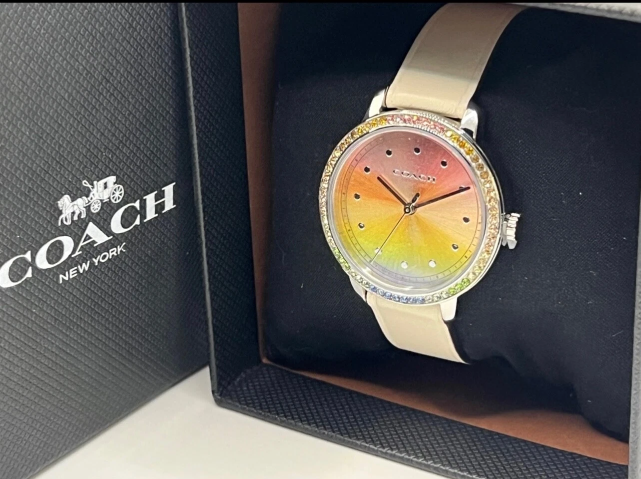 OROLOGIO COACH RARO Ombré Cinturino in Pelle Bianca Nuovo con etichette