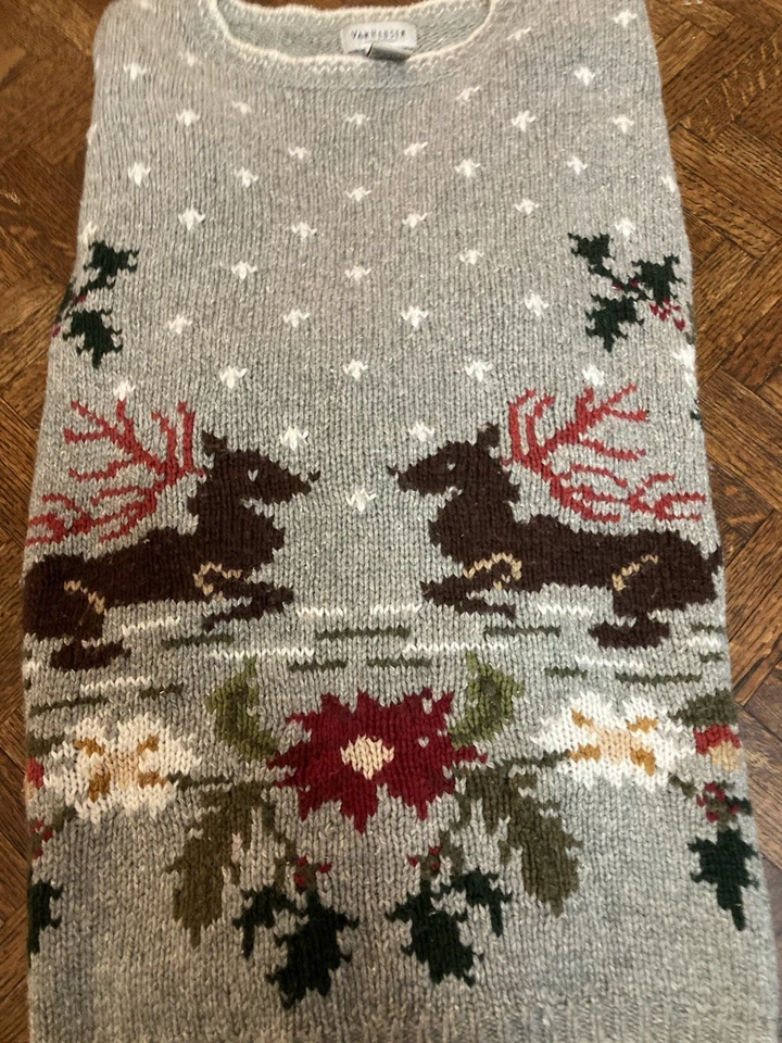Suéter de Natal vintage renas tamanho G cinza gola redonda mistura de lã Ramie - Imagem 2 de 4