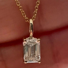 2 Ct Emerald-Cut EF/VS1 Lab Grown Diamond Prong Necklace Pendant 14K Yellow Gold