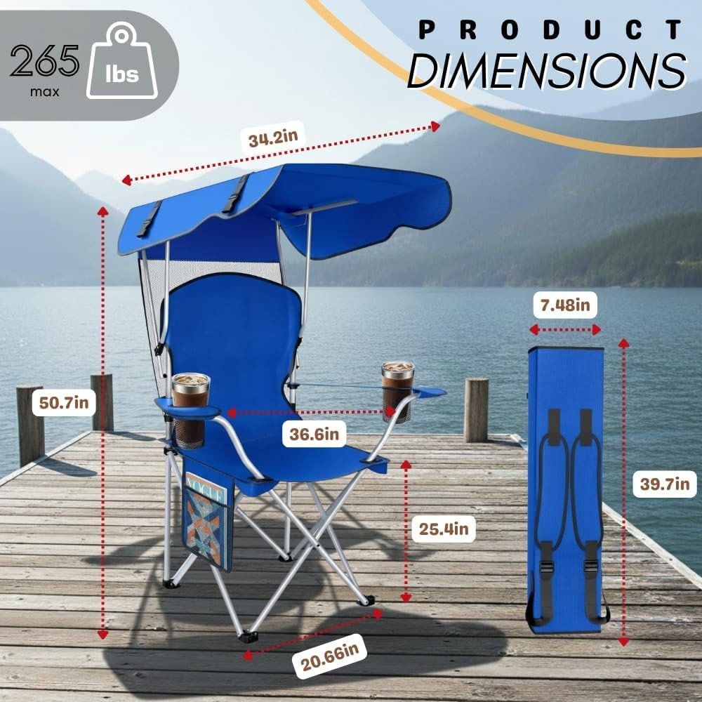 Foldable Beach Chair w/ Canopy Shade Sun Protection Camping Sports Chair