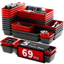 Tool Drawer Organizer - 69 PCS Rolling Chest & Desk Tray Black/Red