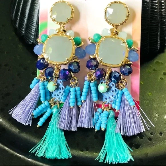 LILLY PULITZER 耳环 🩷NWT ISLAND 异国情调热带蓝色流苏珠 POST — 第 2/4 张图片