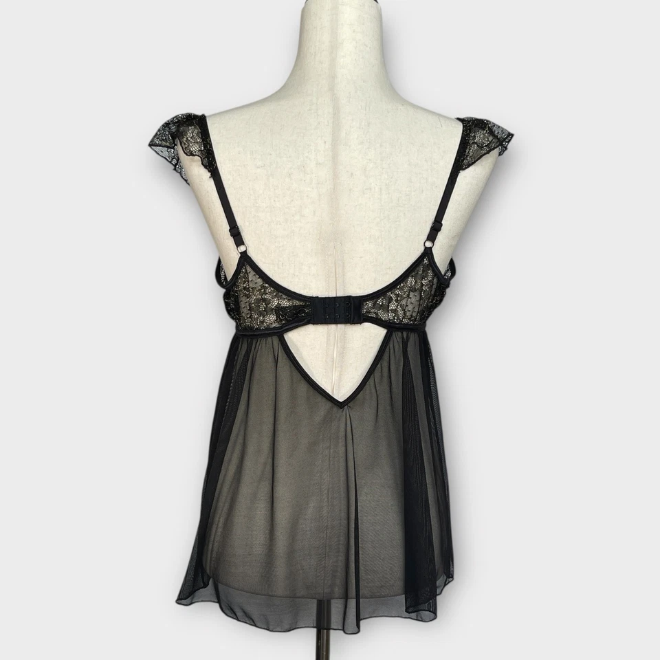 Lencería Fantasía Babydoll Top Negro Dorado Encaje Volantes Manga L/XL Foto 2 de 4