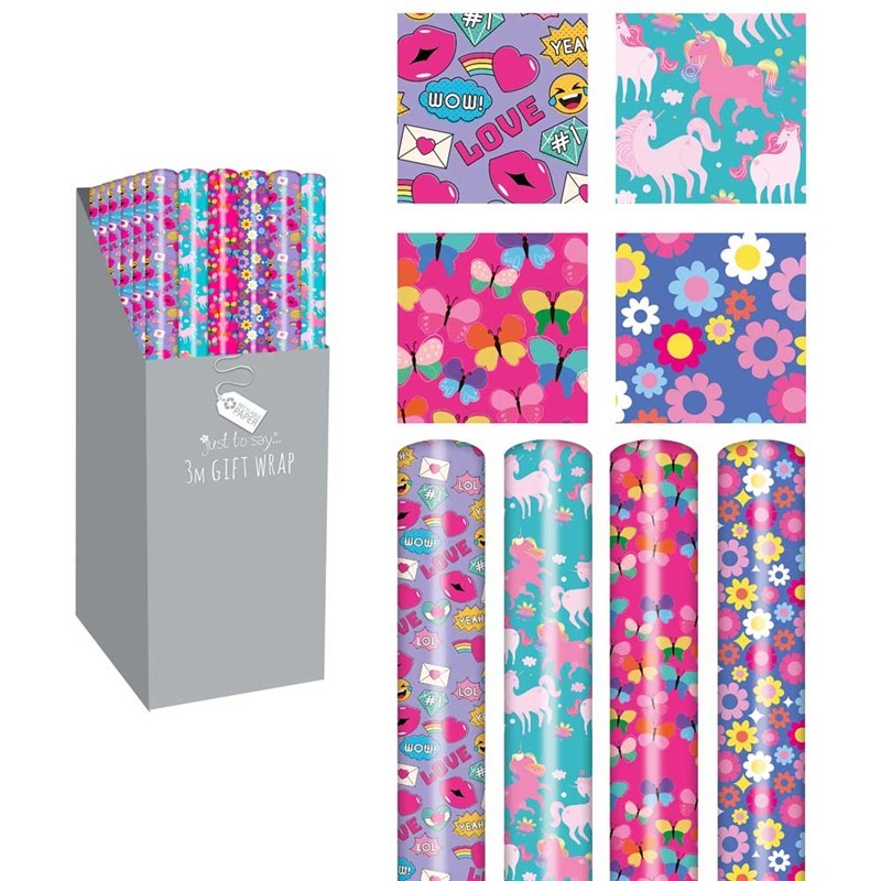 Pack of 4 3M Girls Design Gift Wrap Rolls - Unicorns Butterflies Flowers Icons - Image 2