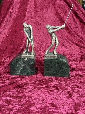 Rare. Andrea Sadek Beautiful Pewter (2) Statues Of Golfers On Green Marble Bases