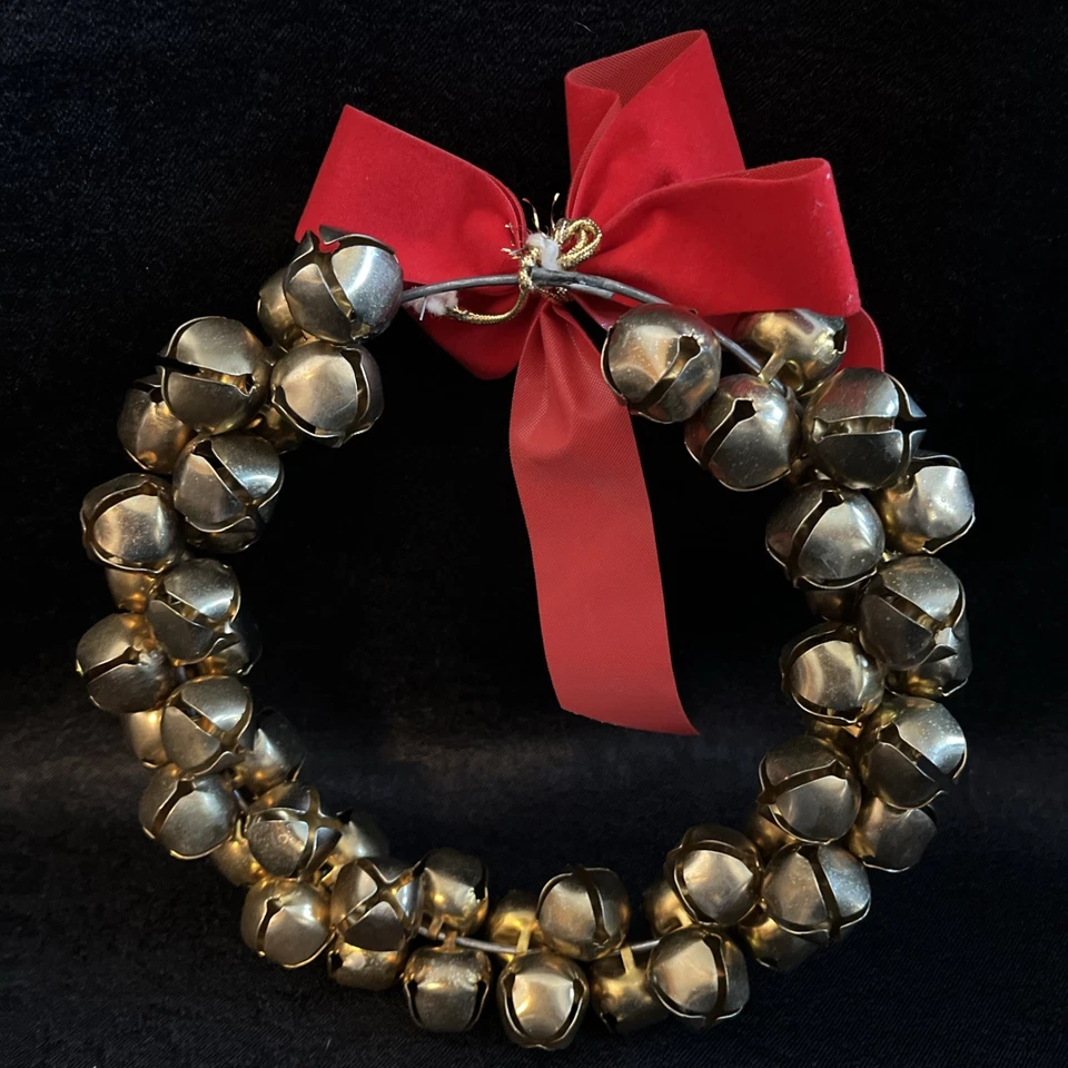 VTG. Jingle Bells Wreath 8” Gold Large Vintage Brass Sleigh Bells & Red Ribbon  - Image 3 of 4