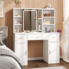 Vanity Desk with Sliding Mirror  Lights, Makeup Table with Charging Station,...
