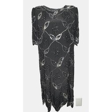 VTG 80s Argenti Dress Womens 6 Black Silver 100 Silk Sequin Beaded Glam Dynasty