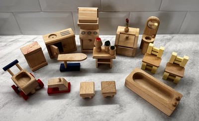 Vintage Plan Spielzeug & gemischte Holz Puppenhaus Möbel Lot-Küche/Bad